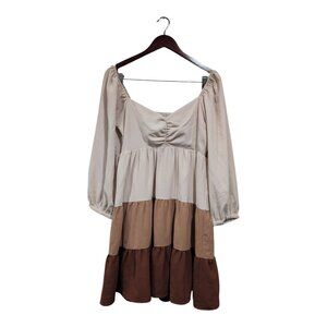 Entro Tri Color Tiered Dress Smocked Back Long Sleeve Tan Brown Boho Peasant L